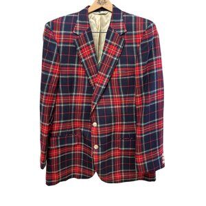 Vintage Izod Lacoste Mens Tartan Plaid Blazer Jacket Red Navy
